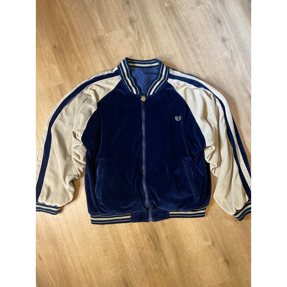 VTG 90's Givenchy Activewear Reversible Bomber Jacket 1X Navy Tan Silk Velour